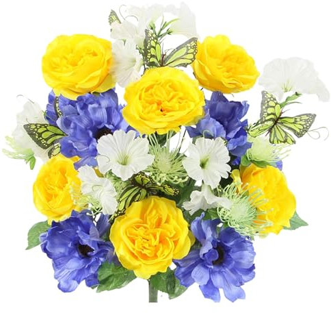 Admired By Nature ABN1B019-YW-BL-CM Artificial Spring Flower Bush 24 Stem Open Rose/Cosmos Daisy Mix Bush, Yellow/Blue/Cream