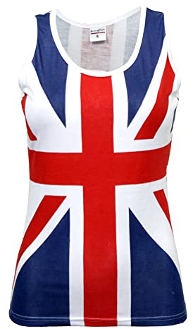 SPIRIT OF ESSEX Union Jack Vest top Women Ladies 100% Cotton Round Neck Union Jack Dresses for Women UK (as8, Alpha, s, Regular, Regular) White