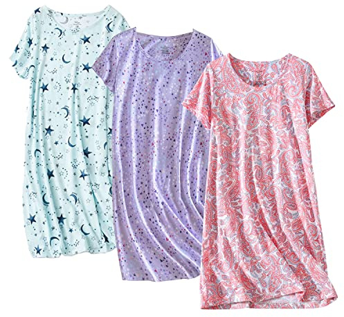 PNAEONG 3 Pack Women's Cotton Nightgown Sleepwear Short Sleeves Shirt Casual Print Sleepdress SY003-Paisley+Purple+Star-2XL