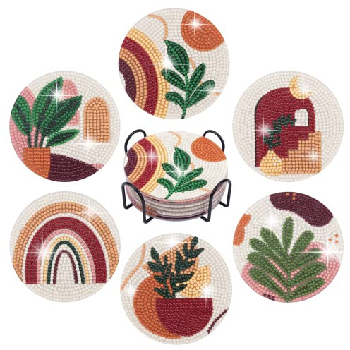 Temlum 6 Pcs Diamond Painting Coasters Kit with Holder, Abstract Plant Diamond Art Coasters Kits for Beginners, Adults Art Craft Supplies