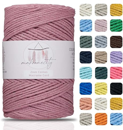 Makromecity, Cotton Macrame Cord 2mm x 195 Yards (590 feet) 2mm Recycled Cotton Crochet Yarn for Macrame Art & Crafts for Wall Hangings, Bags, Underplate, Rug (25 Colors Available) (Dusty Rose)