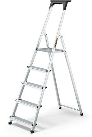 FORTENA Haushaltsleiter mit Ablage (5 Stufen) bis zu 125 kg Belastung– Profi-Leiter aus Aluminium, Klappleiter, Mehrzweckleiter