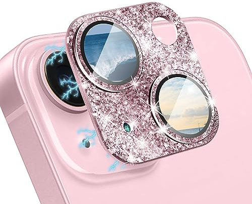 WoPail Camera Lens Protector for iPhone 15/15 Plus, Lens Protectors Bling Glitter 9H Tempered Glass Cover, HD Clear, Anti Scratch Camera Cover for iPhone 15/15 Plus - Pink
