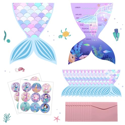 12x Meerjungfrau Einladungskarten, Einladungskarten Kindergeburtstag Meerjungfrau mit 12x Umschlägen & 12x Stickern, Einladungskarten Geburtstag Madchen, Einladung zur Geburtstagsfeier Kinderparty