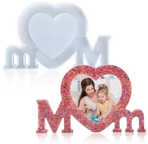ZLLkeji Harz Gießen Formen Set, Epoxidharz Herzform Silikon Fotorahmen Form Foto Ständer Kit 'Ich Liebe Mama' für Handwerk DIY Home Tisch Dekoration Schmuckherstellung Muttertag Geschenk