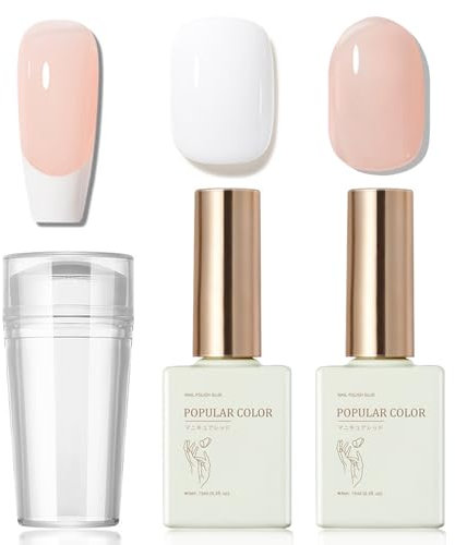 Jelly Gel Nail Polish Set, Nude and White Gel Nail Polish with Nail Stamp, 2 Sheer Colors French Manicure Kit for French Tips Nail Art, Soak Off UV/LED Translucent Nail Polish Kit