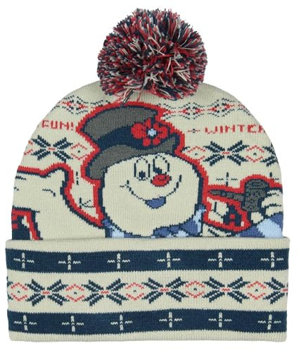 Frosty The Snowman Herren Beanie Winter Fun Fair Isle Frosty Design Fold Cuff Top Pom Knit Beanie Mütze OSFM, Frosty V1, Einheitsgröße