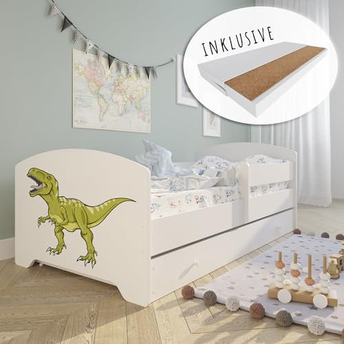 Kids Collective Kinderbett 80x160 cm mit Matratze und Schublade, Rausfallschutz & Lattenrost in weiß mit Dinosaurier Motiv III Komplettbett Jugendbett Einzelbett Holz