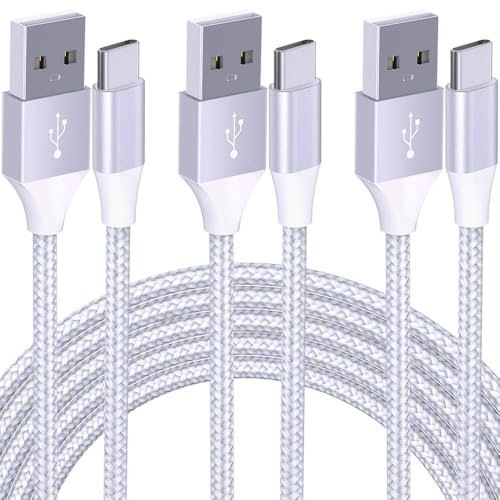HomeRevel USB C Charger Cable, 3Pack 1M+2M+3M Type C Charger Cable Fast Charging 3A Nylon Braided USB C Cable for Samsung Galaxy S24/S23/S22, iPhone 15 Plus Pro Max, Google Pixel (Silver)