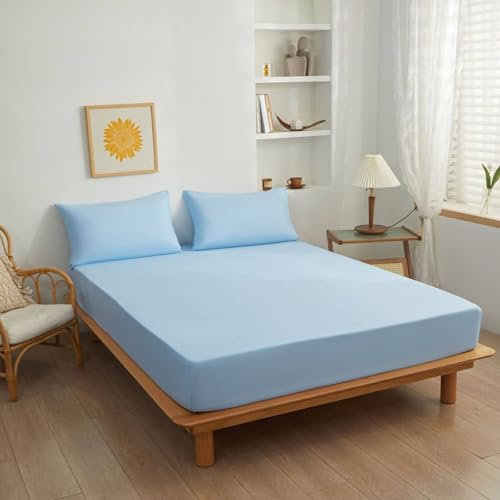 AMDXD 120x200+15cm Betttuch Abwaschbar, Bettlaken Unterlage Einfarbig Himmelblau Schlafkomfort, Polyester Baumwolle Bett Laken Bezug Unterbett als Schutz für Boxspringbett & Topper