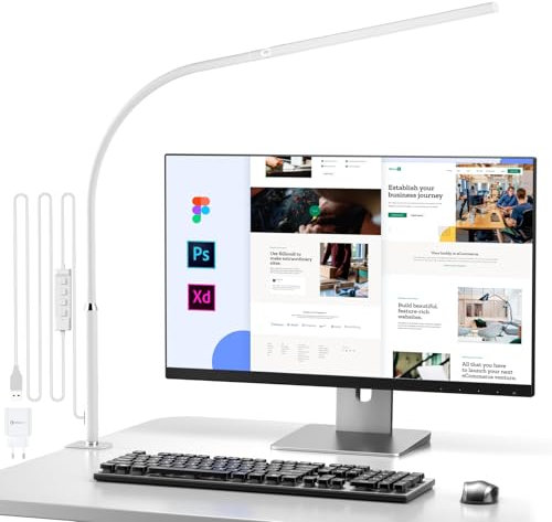 LED Schreibtischlampe, Schreibtischleuchte für das Homeoffice, Schwanenhals Klemmleuchte, Bürolampe, 5 Farbmodi & Helligkeit, Klemmlampe, Klemmleuchte zum Zeichnen, Lesen und Studieren, Mattweiß