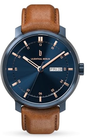 Lilienthal Berlin Neolux Day Date Automatik Uhr Blue Rose Gold – hochwertige Herrenuhr am hellbraunen Leder-Armband aus Chirurgenstahl mit Automatikwerk & saphirgehärtetem Mineralglas – 42mm