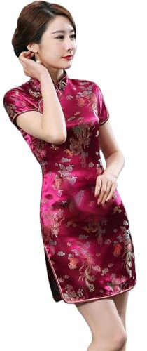 YBWZH Robe traditionnelle chinoise Cheongsam à manches courtes pour femme avec col montant imprimé Qipao - Élégante tenue formelle pour robe de soirée - Jupe moulante pour femme à la maison ou au