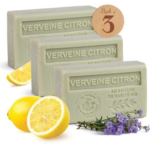 La Maison du Savon de Marseille Seife Verbena & Zitrone 3 x 125g mit Bio Sheabutter, Feuchtigkeitspendend für Hände & Körper, Feste Seife hergestellt in der Provence, 97% natürliche Inhaltsstoffe