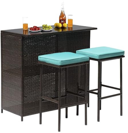 Calma Lux® Polyrattan Gartenbar Set Gartenmöbel Sitzgruppe Rattan Bar Tresen Theke Tisch Barset Bartisch Stehtisch Gartentheke Barhocker Bar-Stuhl Sitzgruppe (Braun&Blau-Grün)