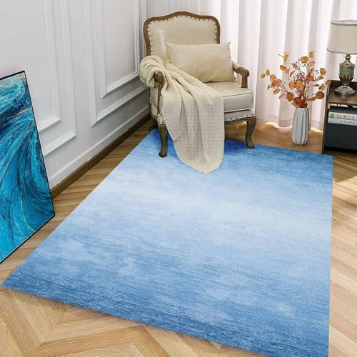 AUWUUA Große Moderner Teppich Wohnzimmer 90x180cm Farbverlauf Blau rutschfest Waschbar Teppich Schlafzimmer, Abstrakt Läufer Flur Rechteck Teppiche,Weich kurzflor Fußmatte für Büro Küchen