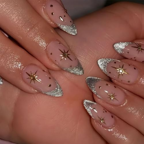 Nymora 24 Stück Press on Nails Französisch Spitzen Jelly Gel Nägel - Akrylnägel Mittel Mandel Nagelpress für Frauen Mädchen.