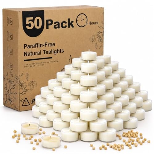 UGBEM 50 Stück Sojawachs Teelichter, 4 Stunden Duftfrei Tealights | 100% Sojawachs paraffinfrei ungiftig, vegan, in durchsichtiger Tasse für Hochzeit, Party Dekorationen