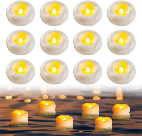 yotutun LED Schwimmkerzen, 12 Stück Schwimmende Kerzen Teelichter Wasserdichte Flammenlose Schwimmkerzen Batteriebetrieben für Abendessen Hochzeiten Badezimmer Pool SPA, 5,8 x 2,5 cm