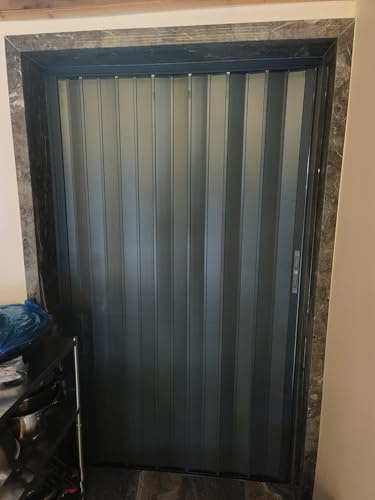 Puerta Plegable Puerta de Seguridad Plegable Metálica para Interior y Exterior, Puerta Divisoria Ambientes Gris con Cerradura, Sin Taladros, Panel Armario Deslizante(26x40in(66x101cm))
