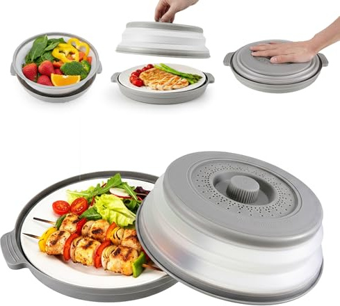 Collapsible Microwave Cover for Food, Microwave Splatter Cover with Anti-scald Tray, Easy Grip Handles & Steam Vents, Multi-Functional Microwave Lid for Plate Holder & Basket Strainer 10.5 Inch (Grey)