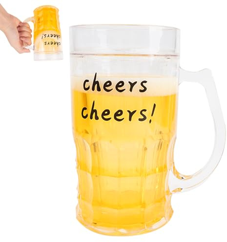 Beer Glass Gifts for Men ,400ml Double Layer Funny Beer Stein,Plastic Fake Double Fake Beer Mugs with Handles Mezzanine,Large Capacity Funny Prank Drinking Cup,for Bar Beverages, Prank and Parties