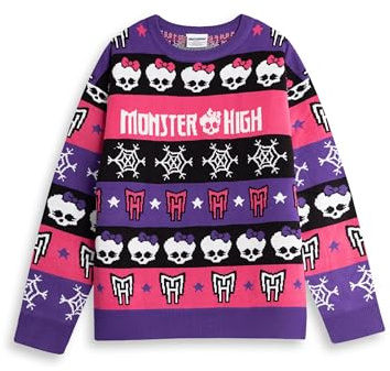 Monster High Weihnachtspullover für Damen in Lila, Rosa, Schwarz und Weiß | Langärmlig, Rundhalsausschnitt, Totenkopf- und Schneeflockenmuster | Winterkleidung für Festliche Anlässe
