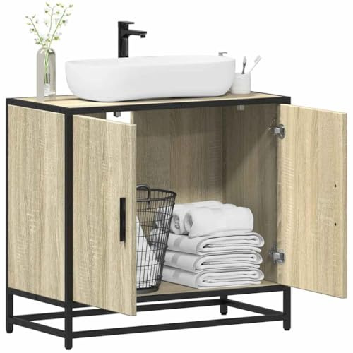 WRJENFSC Meuble Vasque Salle de Bain chêne Sonoma 65 x 33 x 60 cm Bois d'ingénierie et métal Retro Industriel Ensemble Meuble lavabo avec Grand Rangement for Bathroom and WC
