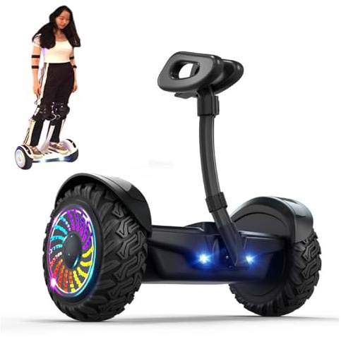 10 All Terrain Hoverboard,Intelligent Electric Balance Scooter, With Steering Handle,App,6-15km/H,With LED Lights & Dual Motors,120kg Load-Bearing Black