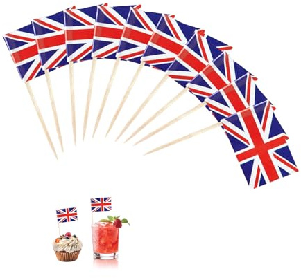 100 Stück Union Jack Flagge Zahnstocher,UK Deko,Britain Flaggen Spieße,Großbritannien Deko Fahne Mini Cupcake Topper,Zahnstocher mit Fähnchen,Cocktail Stick Flaggen für Party Pub,Fußball EM WM Dekor