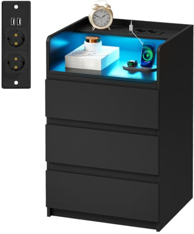 ANWBROAD Nachttisch mit Steckdose,Nachtschrank mit LED-Lichtleiste | 3 Schubladen und 1 Fach,Moderner Nachttische Beistelltisch,Sofatisch für Schlafzimmer,Wohnzimmer (1, Schwarz) BNS004B