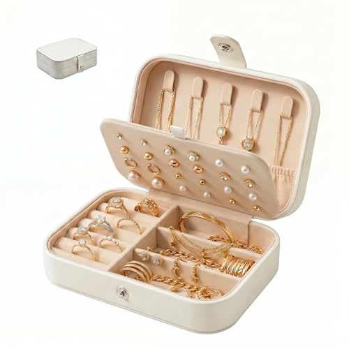 Reise Schmuckkästchen Klein aus PU Leder, Schmuck Organizer für Damen | Kompakte Schmuckaufbewahrung mit Fächern für Ringe Ohrringe und Halsketten ideal für Reise und Alltag