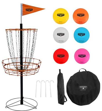 Hathaway 6-Player Disc Golf Set for Family – Frisbee Golf Basket with Weighted Discs, Sturdy Pole & Base, Chains, Anchors, Flag, Carry Bag – Complete Frisbee Golf Discs Set