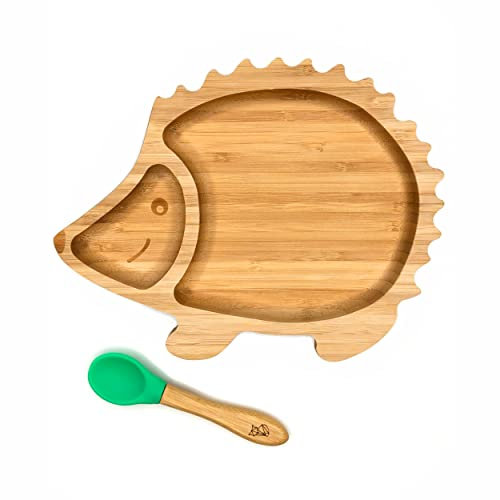 KLEINER FUCHS Assiette Bebe Ventouse Antidérapante avec Cuillère pour Bébé Assortie - Set de Vaisselle en Bambou de Haute Qualité avec Boîte Cadeau Élégante - Assiette Bebe Bambou (Hérisson)