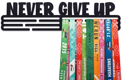 United Medals Never GIVE UP Medaillenhalter Running Laufen Sport für 48 Medaillen Aufbewahrung - Läufer, Sportler Geschenk Marathon Zubehör - Medal Holder Hanger Display Rack - Schwarz