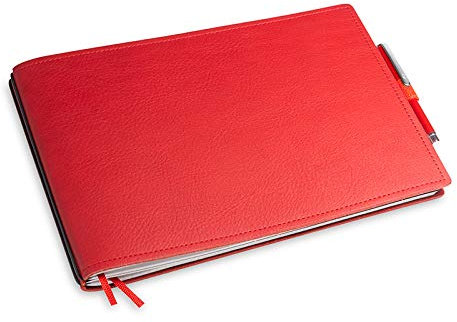 A5+ Quer, revolutionäres X17-Notizbuch! Belgisches Leder rot, mit Geschenkbox; Innen: 2x Notizen(blanko,kariert), Stifthalter, Doppeltasche, Mini Stift; austauschbar, Made in Germany