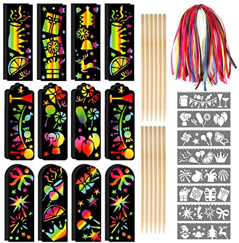 Kratzbilder für Kinder 24 Stück Siumir Tiere Kratzbild Lesezeichen mit Hölzerne Stifte BäNdern Malschablonen, für Kindergeburtstag, Kinder Party Tasche Füller, Geburtstag Geschenk