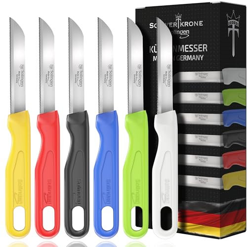 Schwertkrone® Juego de 6 cuchillos para tomate para frutas y verduras, fabricado en Solingen, Alemania, cuchillos de cocina pequeños y afilados, cuchillo de pelar, cuchillo de sierra, cuchillo
