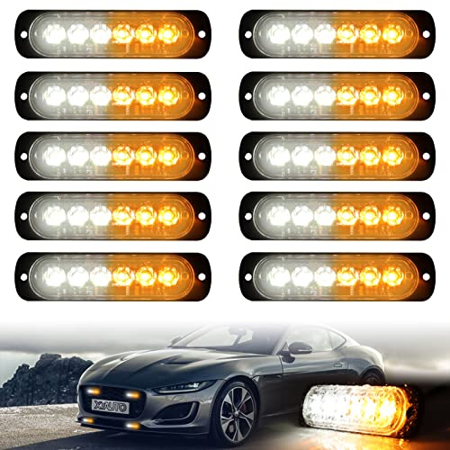 XTAUTO 10pcs LED Emergency Strobe Light, Amber White 6-LED Ultra Slim Surface Mount Flashing Warning Hazard Caution Light Bar for Car Truck Off Road Vehicles