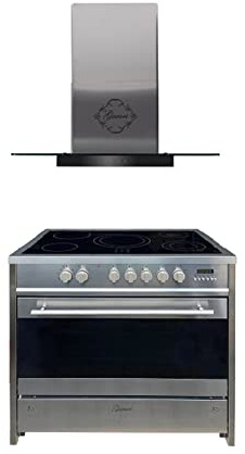 GURARI Herdset Elektro-Standherd GCH E 912 X + GCH 466 IS 90 BL PRIME, Backofen Set 90 cm,121 L, Edelstahl + Dunstabzugshaube 90 cm 1000m³/h Wandhaube in Edelstahl Glas, TouchControl