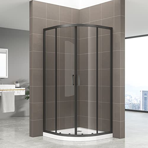 TIBYBLACK Cabine de douche noire 1/4 de cercle coulissante H.190 cm verre transparent 80 x 80 cm + receveur