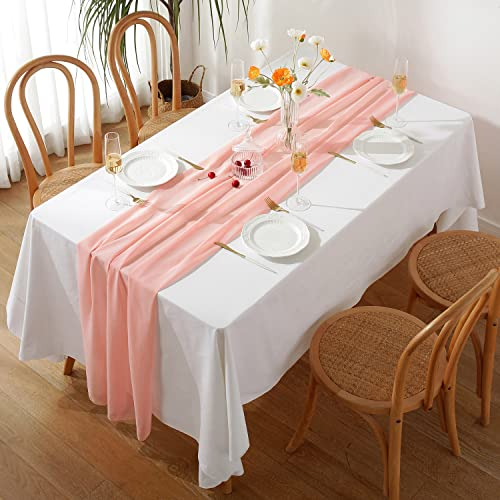 Ricemru 2 Stück Hochzeit Tischläufer Chiffon Koralle Extra Lang 3m Modern Outdoor Tischband Tischdeko für Garten Party Geburtstag,70x300