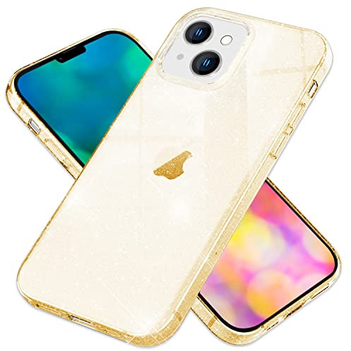 NALIA Klare Glitzerhülle kompatibel mit iPhone 14 Hülle, Durchsichtig Vergilbungsfrei Eingearbeitete Diamant Pailletten, Bling Glitter Case Silikon Handyhülle Glitzer Schutzhülle, Farbe:Gold