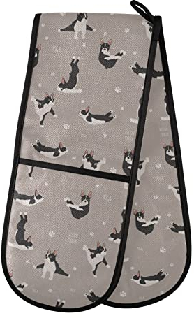Double Oven Gloves Cute French Bulldog Yoga Heat Resistant Pot Holder Oven Mitt Gloves for BBQ Cooking Baking Grilling Microwave