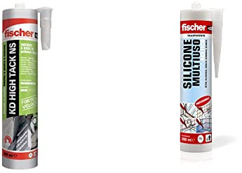 Fischer KD High Tack Sigillante Adesivo ad Altissima Presa Iniziale, Bianco, 290 ml, 545171 & Silicone Acetico Multiuso SAM 280 Trasparente, Sigillante Antimuffa per Vetro, Alluminio, Smalto, Ceramica