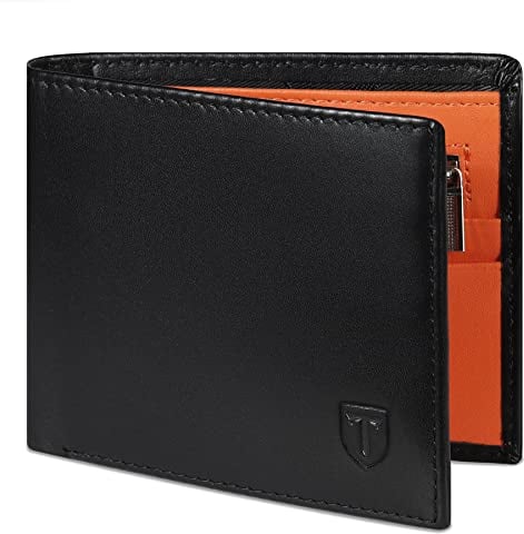 TEEHON Wallets Mens RFID Blocking Genuine Leather with 11 Card Holder, 2 Banknote Compartments, Coin Pocket, ID Window, Minimalist for Men UK Gift Box - Black & Orange, 13 x 10.5 x 2.4 cm