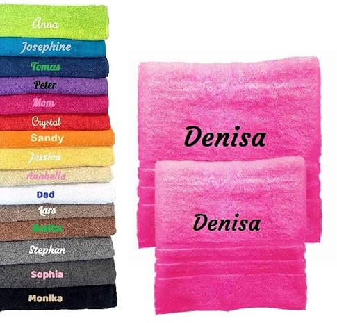 Pet-Jos Serviettes de Bain et de Main Personnalisées avec Nom Brodé - Lot de 2 - Coton Doux - Rose - 70x140 cm + 50x100 cm