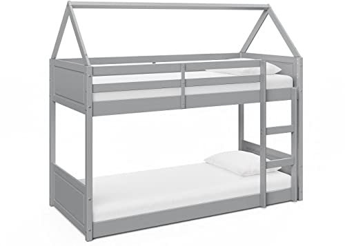 Kids Bunk Bed Frame Single Bed High Sleeper for Children with House Roof Canopy, Single Wooden Bunk Beds, Frames & Bases Available in White, Grey and Pastel Green (Pale Grey)