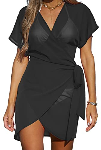 CUPSHE Mini robe cache-cœur à manches courtes avec col en V pour femme, Noir , L