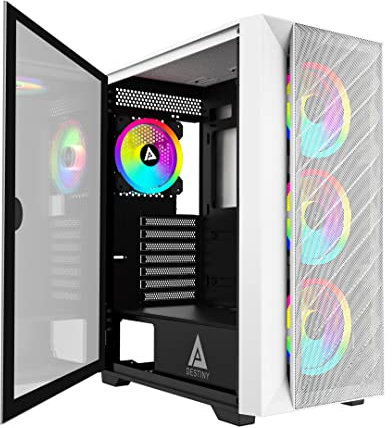 Apevia Destiny-MESH-WH Destiny Mesh Mid Tower Gaming PC Case w/4 x 120 mm ARGB Fans, 366 modalità di illuminazione RGB, 1 x pannello frontale in rete metallica, 1 x pannello laterale in vetro stile